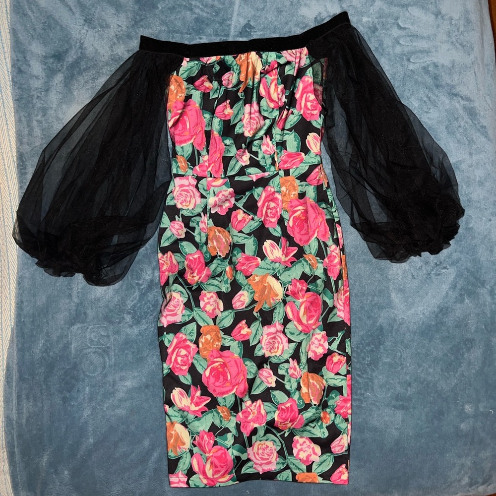 Floral Off-Shoulder Dress with Sheer Sleeves